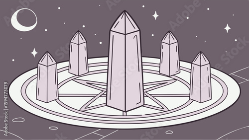 Magical purple crystal obelisks stand on a pentagram ritual circle under a crescent moon and stars. Flat minimalist occult vector art.