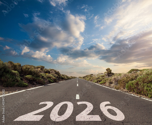 Road to 2026. Empty road with written 2026. Future, positivity and success of the New Year 2026 concept