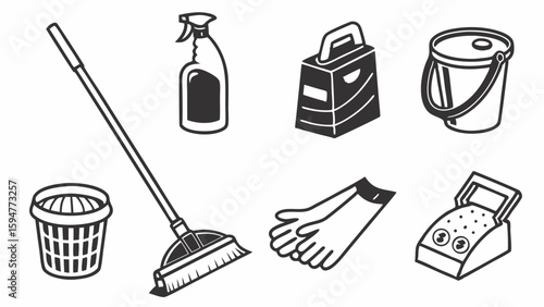 Black and white vector line art illustration of essential household cleaning supplies and tools set, featuring a broom, spray bottle, detergent, bucket, gloves, and scrubber.