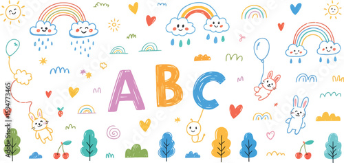 ABC Letters with Rainbows, Hearts, Clouds, Trees and Rabbits Cartoon Elements