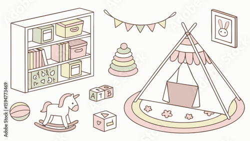 Isometric pastel nursery room decor set with a cozy teepee tent, bookshelf, rocking unicorn, stacking rings, and alphabet blocks. Cute minimalist design for a child's playroom.