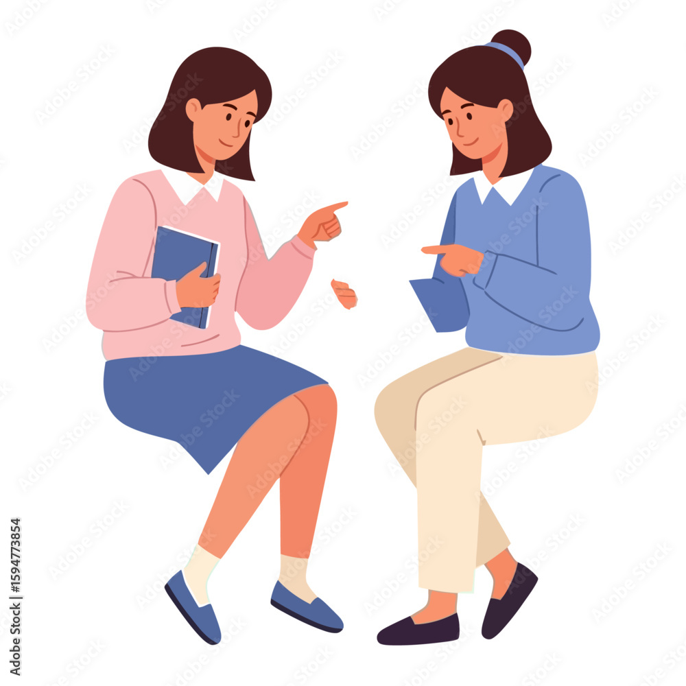 Fototapeta premium Two women in business attire discussing a document in a meeting, People sitting down and pointing at paperwork in an illustration