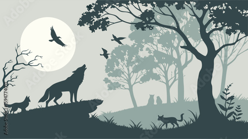Majestic silhouetted wolves howl at a bright full moon over a dense forest, featuring flying birds and distant wild cats in a serene monochrome night landscape.