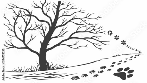 Highly detailed monochrome silhouette of a stark bare winter tree with sparse grass and a winding path featuring numerous animal paw prints, evoking nature's quiet journey.