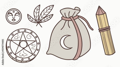 Flat vector illustration of mystical pagan witchcraft tools set with pentagram, crescent moon bag, goddess coin, herbal leaves, and magic crystal.