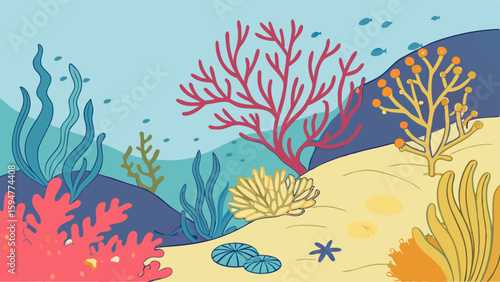 Vibrant underwater ocean floor illustration featuring colorful coral reef, diverse marine plants, sandy seabed, small fish, and a starfish in clean flat design style.