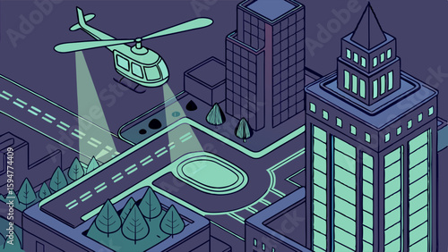 Detailed isometric illustration of a modern city at night, featuring a helicopter with bright searchlights illuminating urban streets, tall buildings, and a roundabout.