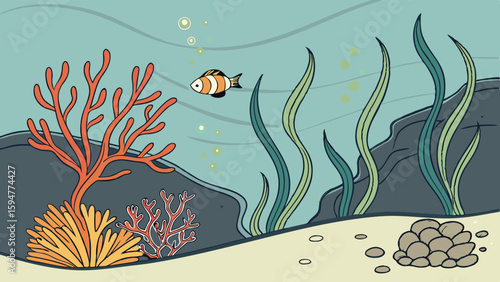 Vibrant cartoon underwater scene with a clownfish swimming among colorful coral reefs, green seaweed, and sandy seabed. Beautiful marine life illustration.