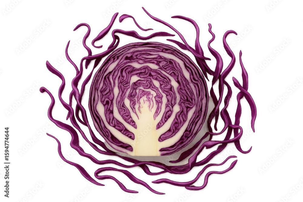 Obraz premium Vivid sliced red cabbage revealing intricate purple veining, highlighting crisp vegetable surface against transparent backdrop