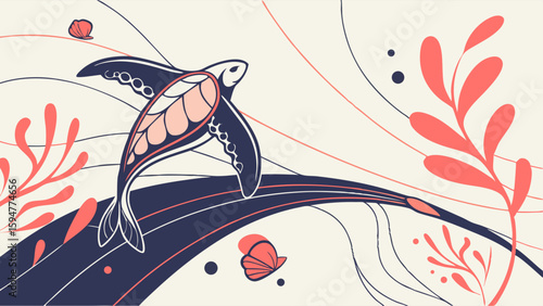 Elegant minimalist vector illustration of a stylized blue and pink sea turtle gracefully swimming through flowing red coral and abstract lines on a cream background.