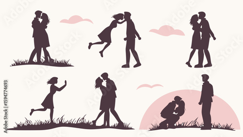 Romantic couple silhouettes vector set depicting love, kissing, hugging, embracing, and proposing in tender moments for dating and relationship designs.