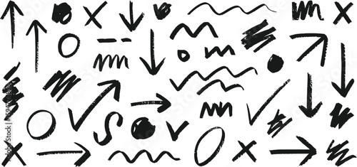 Brush Stroke Symbols Set Arrows, Crosses, Checkmarks, Circles and Lines, Isolated