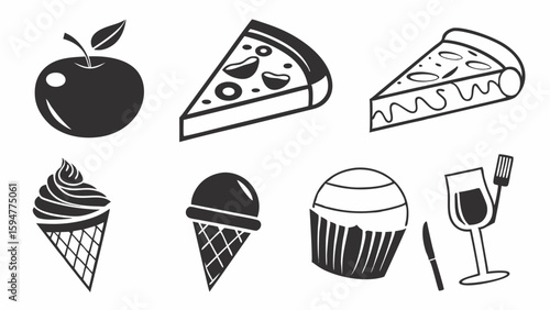 Black and White Food and Drink Icons Set Simple Outline Vector Art with Apple Pizza Ice Cream Cupcake and Wine Glass Illustrations