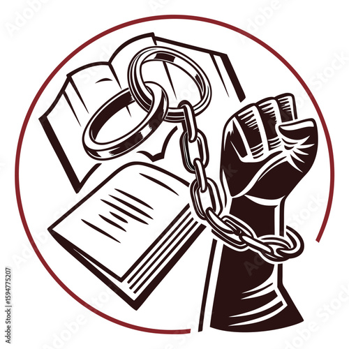 Illustration of a fist breaking chains with books symbolizing knowledge and freedom in a circle