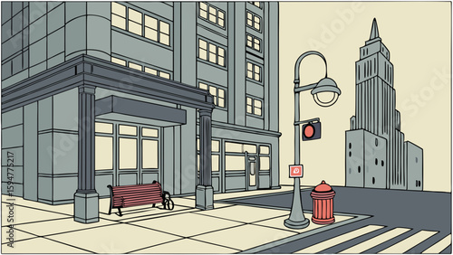 Detailed vector illustration of a classic Art Deco urban downtown city street scene featuring tall buildings, a red traffic light, fire hydrant, and a bench on a bright day.