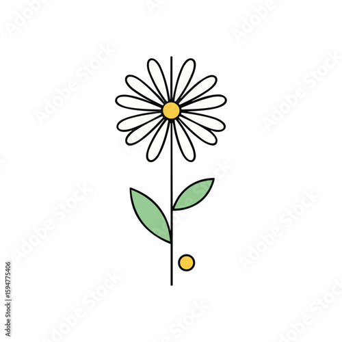 Simple Daisy Flower Illustration with Green Leaves and Yellow Center