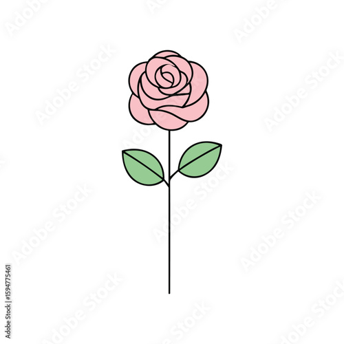 Simple Pink Rose Illustration with Green Leaves on White Background