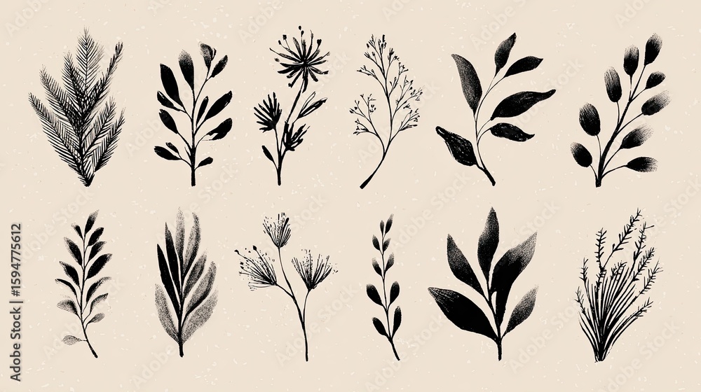 Fototapeta premium Color, Brush, Hand drawn flowers, Drawing, Leaf element, Black ink brush, Texture, Sketch, Art, Botany, Forest, For design, Colorful, Nature, Spring, Vector,