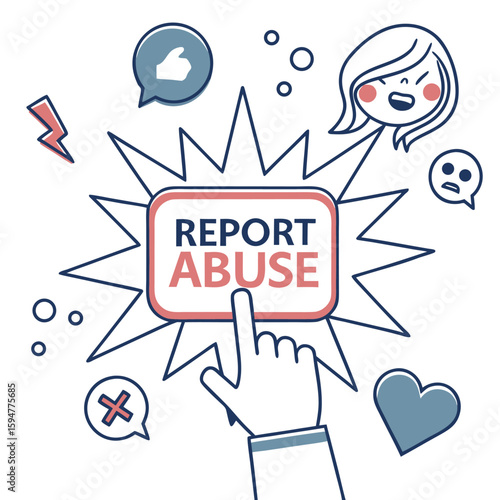 Illustration of hand pointing at report abuse message surrounded by social icons and a cartoon face