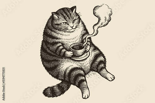 Fat cat with hot drink vintage engraving vector illustration

