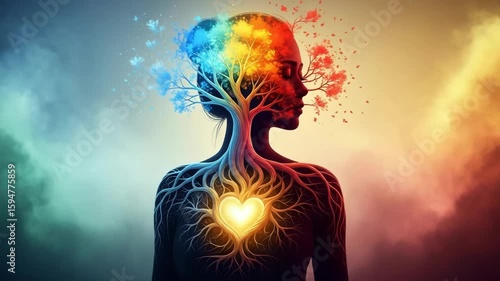 A silhouette of a person with a tree growing from their head and roots spreading through their body to a glowing heart