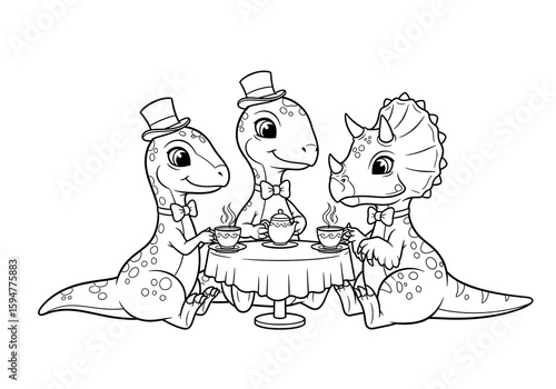 Fototapeta Naklejka Na Ścianę i Meble -  Kids coloring page three cute cartoon dinosaurs having a tea party