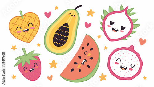 Cute Kawaii Happy Fruits Collection with Smiling Faces Pineapple Avocado Dragon Fruit Strawberry Watermelon Cartoon Vector Illustration White Background