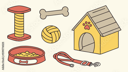 Colorful cartoon illustration of various pet supplies including a dog house, cat scratching post, food bowl, leash, bone, and ball toys on a light background.