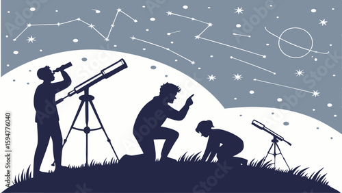 Silhouetted family stargazing with telescopes on a grassy hill under a beautiful starry night sky, showing constellations and a ringed planet, educational astronomy illustration.