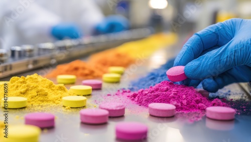 Colorful pills on a production line