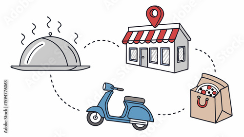 Vibrant cartoon illustration of the online food delivery process, from restaurant to customer via scooter, featuring a local store and pizza takeout.
