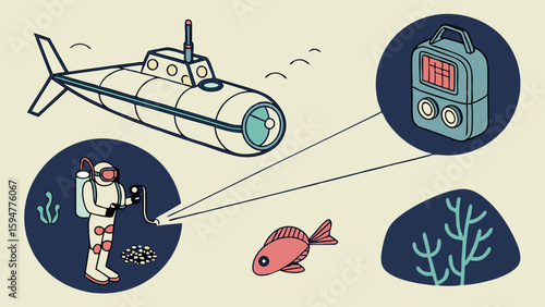 Flat design illustration of underwater exploration with a research submarine, scuba diver photographing marine life, and a monitoring device for oceanography.