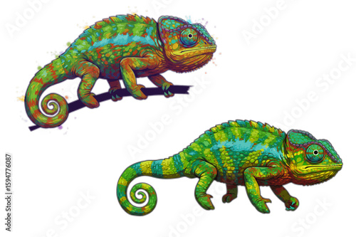 Colorful chameleon designs present two distinct artistic reptile representations in a vibrant and eye-catching manner for multiple projects.