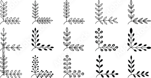 Corner Floral Branch Decorative Border Elements on Transparent Background