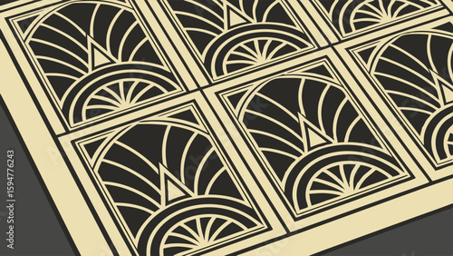 Close-up of elegant Art Deco geometric pattern tiles in a striking black and cream design, perfect for vintage interior decor, luxury flooring, or wall applications.