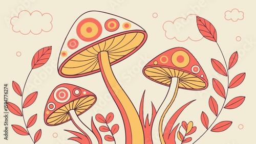 Whimsical cartoon illustration of three decorative red and orange fungi with patterned caps, yellow stems, and autumn leaves on a light cream background with clouds.