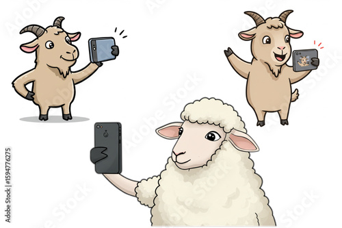 Cheerful goats and a sheep enjoy taking selfies with their phones, ideal for farm themed projects or humorous animal designs.