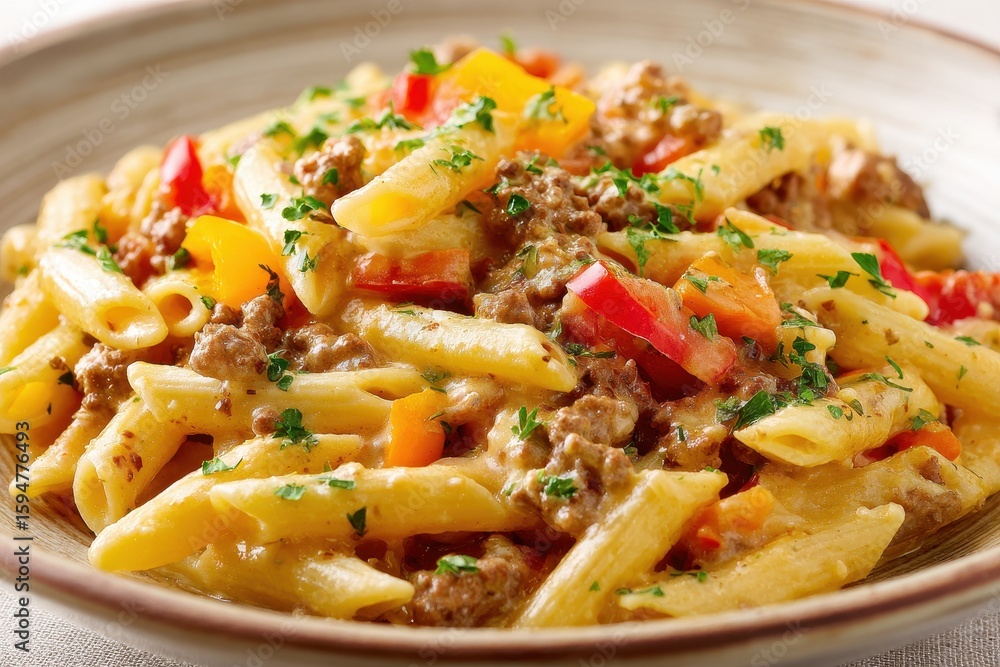 A hearty plate of cheesy taco pasta. Penne pasta coated in creamy queso sauce, mixed with browned ground beef. A hearty plate of cheesy taco pasta. Penne pasta coated in creamy queso sauce, mixed with browned ground beef.
