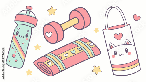 Kawaii Pastel Fitness Accessories Set Cute Cartoon Workout Gear with Pink Water Bottle Dumbbell Yoga Mat and Cat Tote Bag Vector Illustration