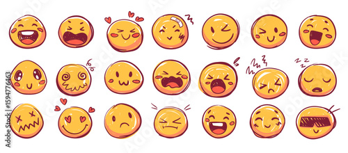 Hand drawn doodle emoji faces crayon set. Chalk scribbles with emoticons, heart, crown, underline, punctuation, speech bubble. Fun kid style charcoal marker texture, phrases. Vector illustration