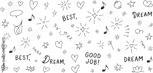 Doodle Elements Seamless Pattern, Stars, Hearts, Music Notes, Words on White