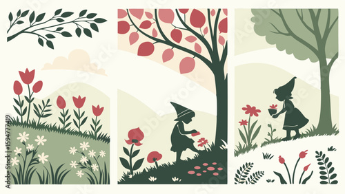 Whimsical garden scenes with gnome children picking flowers and berries. Storybook flat design nature illustrations featuring spring tulips, daisies, and green trees.