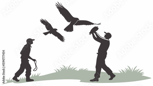 Black and white silhouette vector illustration of two falconers training and releasing large birds of prey, eagles or hawks, in an outdoor nature setting.