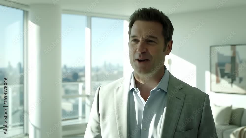 A confident handsome businessman smiling in his modern high rise luxury apartment with a city view A confident handsome businessman smiling in his modern high rise luxury apartment with a city view