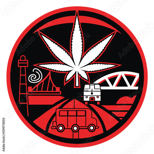 Red black white cannabis leaf transportation scene logo bridge lighthouse