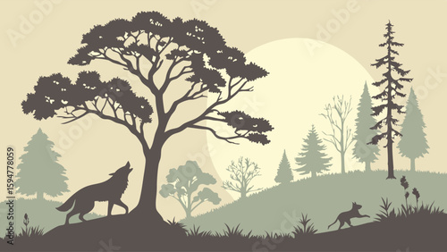 Minimalist duotone vector art of a howling wolf and pup silhouette in a serene forest landscape with a large moon.
