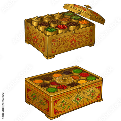Detailed golden masala dabba, an Indian spice box, filled with colorful spices in small containers with intricate floral carvings.