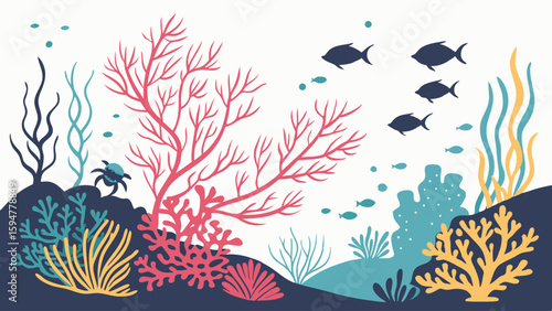 Clean flat design underwater coral reef illustration with colorful branching corals, schooling fish, and a sea turtle. Vibrant marine ecosystem vector.