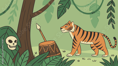 A friendly cartoon tiger walks through a lush jungle scene with ancient tribal artifacts like a drum and spear, plus a hidden skull, in a detailed illustration.