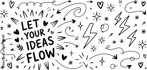 Hand Drawn Doodle with Hearts, Stars, Lightning Bolts and Arrows